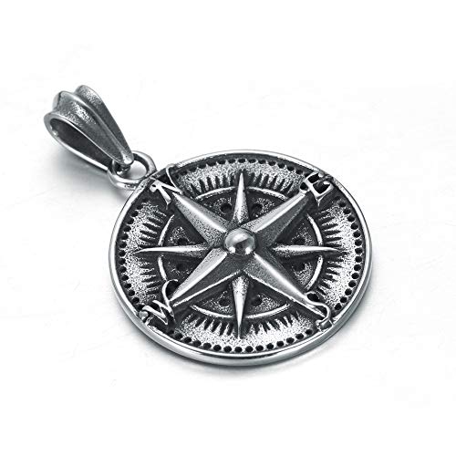 Hijones Men's Stainless Steel Round Compass Pendant Necklace Vintage Chain, Chain Included #TOP3