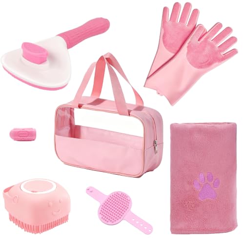 CYVORNE 7PCS Dog Cat Washing Kit with Brush, Gloves & Towel (Pink)