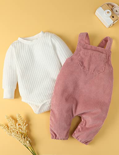 Frloony Newborn Baby Girl Clothes Solid Ribbed Long Sleeve Romper + Corduroy Overalls Pants Set Infant Girls Outfits 2Pcs (Pink, 0-3 Months) #TOP1