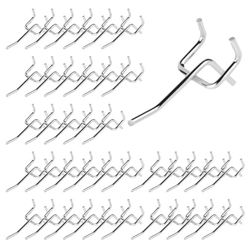 Waltool 40Pcs 2" /50mm Stainless Steel Pegboard Display Hooks Bulk Set, Silver Garage Organization Peg Wall Hook Metal Slatwall Panel Hook Fit 1/8 and 1/4 Inch Pegboard for Retail