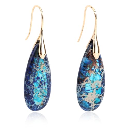 Natural Stone Earrings, Bohemian Fish Hook Dangle Drop Earrings Trendy Lightweight Waterdrop Statement Boho Stone Dangly Jewelry for Women Birthday Gift (Blue, Gold)