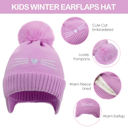 Girls Winter Hat and Gloves Set, Kids Cat Embroidered Knit Beanie with Earflaps Fleece Lined Pom Pom Ski Cap for 2-10Y3
