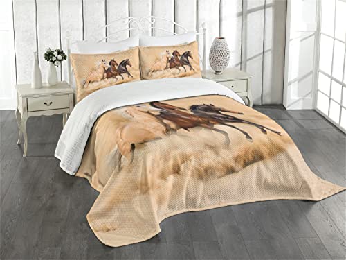 Lunarable Horses Bedspread, 3 Horse Running In Desert Storm Mythical Mystic Messenger Animals Habitat Print, Decorative Quilted 3 Piece Coverlet Set With 2 Pillow Shams, King Size, Brown And Peach #TOP9