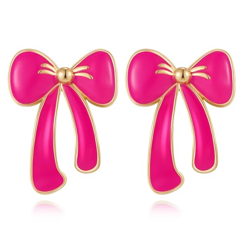 YUJIE Hot Pink Bow Earrings for Teen Women Cute Dainty Bow Dripping Oil Earring Trendy Jewelry