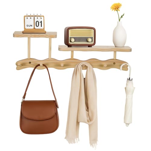FERNVALE Wall-Mounted Bamboo Coat Rack with 2 Shelves – Elegant Wavy Design, Large Hanger with 6 Heavy-Duty Hooks, Perfect for Entryway, Living Room, Bedroom or Study (Wood)