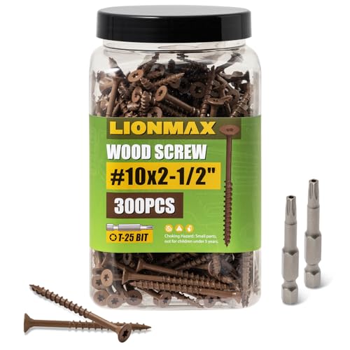 Image of LIONMAX Wood Screws 2-1 /2 Inch, Deck Screws #10 x 2-1 /2 inch, 300 PCS, Rust Resistant, Epoxy Coated, Exterior Wood Screw, Outdoor Decking Screws, Torx /Star Drive Head, T25 Star Bit Included, Brown