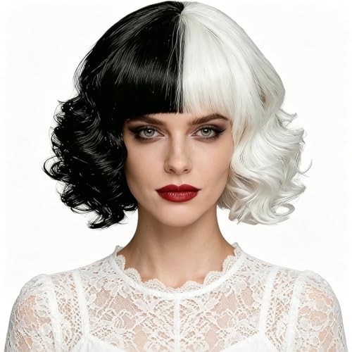 Black and White Wig Funny Wigs for Women Medium Long Curly Wavy Curly Wigs Adult Perfect for Wig Cosplay Events Halloween Parties for Women Men