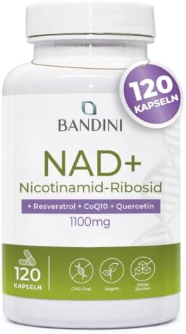 Bandini® Liposomales NAD+ | 120 vegane Kapseln | NAD Booster 1100 mg/Tag | NAD + mit Nicotinamid-Ribosidchlorid, Quercetin, Resveratrol, Coenzym Q10 | Für Energie, Anti-Aging & Geg