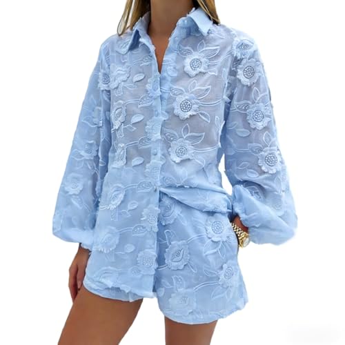 REASERAL Womens Lace 2 Piece Outfits Long Sleeves Lapel Jacket