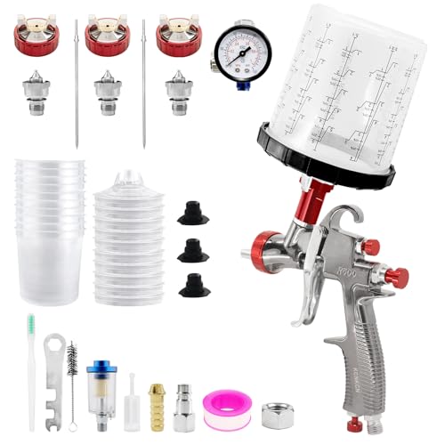 KCNKCN R500 Luftspritzpistole mit 650 ml Mischbecher & 10 Einwegbechern, 1,3/1,7/2,0 mm Düsen, Lackierpistole für Hauslackierung, Auto, Möbel, Zaun, Lack und Decklack