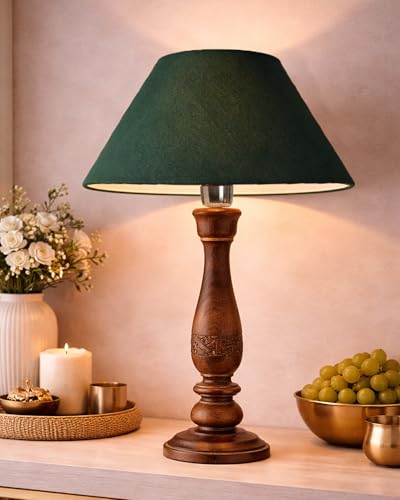 Image of Homesake Handcrafted Wooden Table Lamp for Bedroom & Living Room | Decorative Bedside Reading Lamp with Fabric Shade, E27 Holder | Bulb Included | Black Floral Carved Base for Home Decor, Green Cone