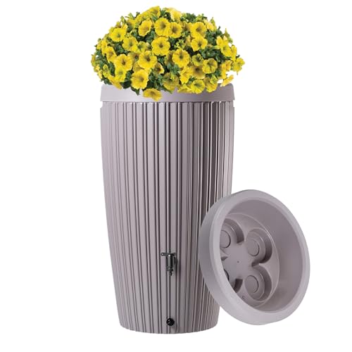Regentonne 240L mit Deckel & Auslaufhahn – Design Regenwassertonne, Wasserfass für Garten & Terrasse – Farbe Grau-Beige – UV-beständig & frostfest (Grau-beige)