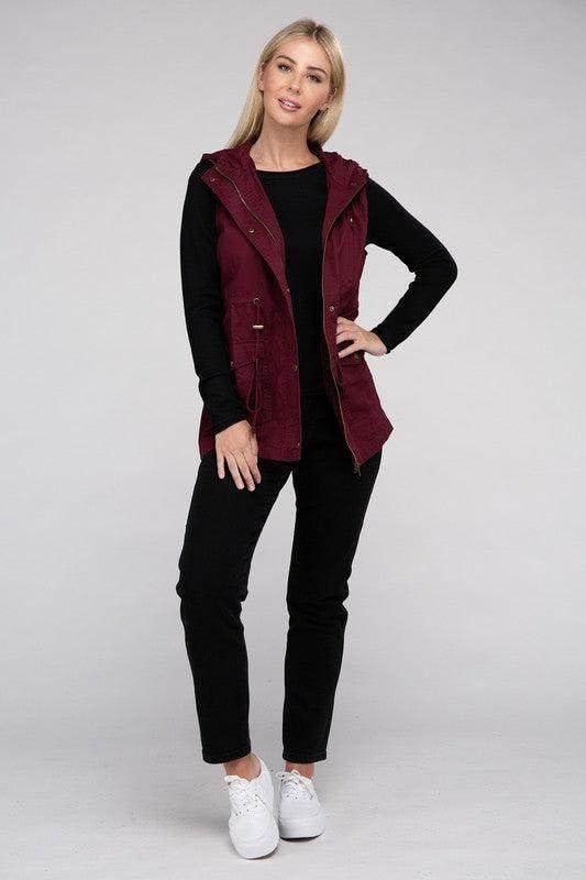 ZENANA Hooded Military Vest for Women in Burgundy Black/L2