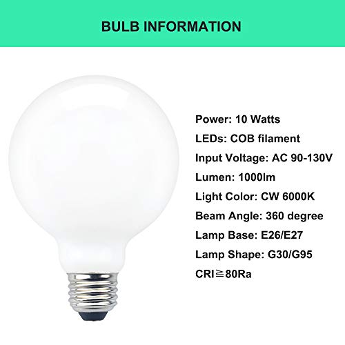 Bonlux E26 G95 Led Globe Bulb, E26 Medium Base G95/G30 Frosted Globe Bathroom Vanity Makeup Mirror Light Bulb 10W Daylight 6000K 100W Halogen Equivalent G95 Led Bulb Over Mirror, 1 Pack #TOP5