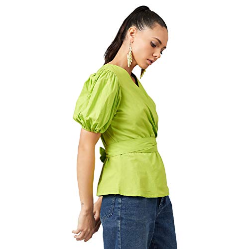 Image of ATHENA LIFESTYLE Lime Green Puff Sleeves Solid Casual Top