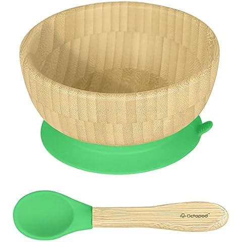 Abiie Octopod Bamboo Dish - Fun Kids Bowls for 4 months and up, Bamboo Suction Bowl, High-Chair Bamboo Baby Bowls, Mess-Free Toddler Suction Bowls, Ergonomic Baby Feeding Supplies, 5.7 x 3 x 5.7 in Cover