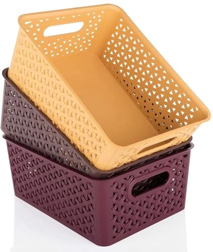 Image of SHUTTLE ART Set Of 3 Plastic Storage baskets For Kitchen, Clothes, Multipurpose Vegetables, Toys, Books, Office, Stationery, Wardrobe /Strong Plastic Material & Side Grip (Medium | Multicolor)