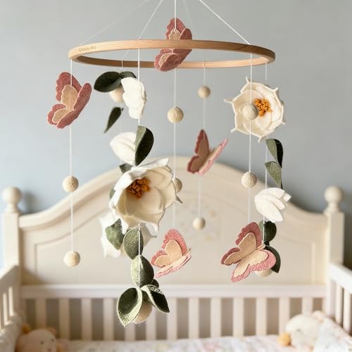 Baby Mobile Blumen & Schmetterlinge, Mobile fürs Babybett und Wickeltisch, Babyzimmer Deko mit Waldmotiv, liebevolles Baby Windspiele Geschenk für Jungen und Mädchen