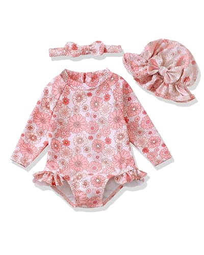 Image of Baby Girl Swimsuit Long Sleeve One-Piece Swimwear with Hat Rash Guard Ruffle Floral Zipper Beach Infant Bathing Suit