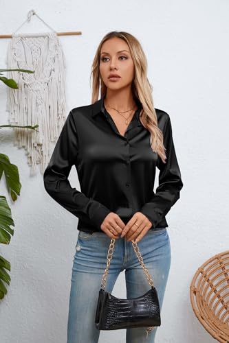 Womens Satin Silk Button Down Shirts Long Sleeve Blouse Casual Work Office Tops2