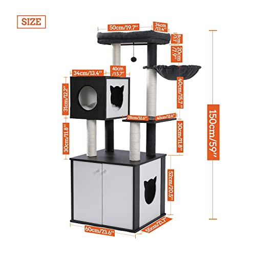 Petepela 59’’ All-In-One Cat Tree Multifunctional Modern Cat Tower High-Grade Wood Furniture With Cat Washroom Litter Box House, Cat Condo, Top Perch, Large Hammock And Sisal Scratching Post (Black) #TOP1