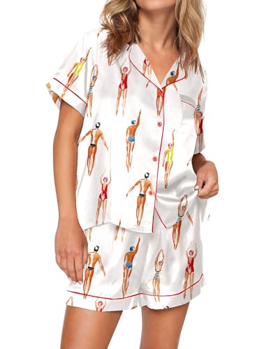 Image of SHESHOW Pajamas for Women Set Satin Button Down Short Sleeve Top and Shorts Pjs Sets Sport Ball Print Sleepwear XS-XXL