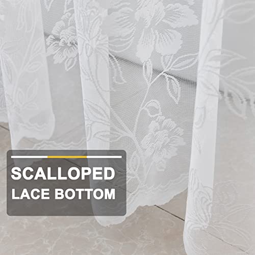 Finecity White Lace Shower Curtain 72 Inch Length, Rustic Floral Pattern Sheer Lace Shower Curtain With Attached Valance For Bathroom, Reinforce Hole Sheer Shower Curtain, 72 X 72 Inch, 1 Panel, White #TOP5