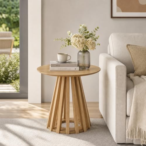 Image of HNY Round Fluted End Table, 19.7 inch Modern Black Side Table, Mid Century Wood Circle Bedside Tables Drink Table Nightstand for Bedroom, Living Room, Small Space, Natural