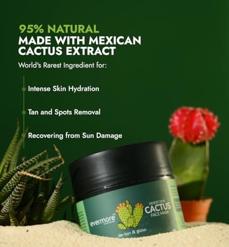 Image of Evermore Mexican Cactus De-Tan Face Mask for Glowing & Bright Skin | Kaolin Clay, Kojic Acid, Niacinamide | Removes Tan, Deep Cleanses Pores, Controls Oil, Hydrates & Soothes | For All Skin Types | Natural, Vegan | 100g (Pack of 1)