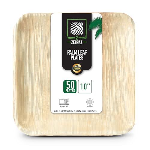 2 ZEBRAZ Premium 10” Palm Leaf Disposable Plates – Set of 50, Heavy-Duty Dinner Plates, Natural Plastic Alternative, Compostable & Microwave Safe for Weddings, Parties & Events