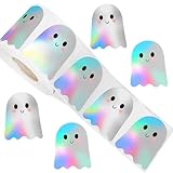 Rollo 500 Pegatinas de Halloween Fantasmas Holográficas para Niños, Stickers de Fantasma Coloridos Autoadhesivas Impermeables de 3 cm, para Scrapbooking, Envelopes y Decoración de Fiestas Halloween