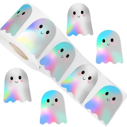 500 Stück Halloween Sticker Rolle, Holografische Geister Aufkleber Wasserfest, Selbstklebend Aufkleber Kinder, Glitzernde Geister-Aufkleberrolle für Umschläge, Fenster, Party Deko und Geschenke