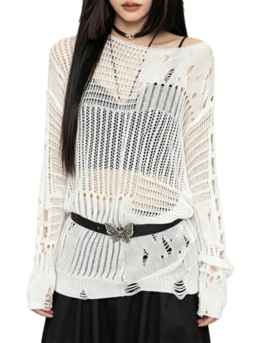 Image of Goth Y2K Striped Sweater Grunge Ripped Punk Gothic Sweaters for Women