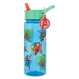 Marvel Avengers, borraccia con cannuccia, blu, 500 ml, in polipropilene, con portachiavi con Hulk, Capitan America, Thor, Iron Man, Black Panther