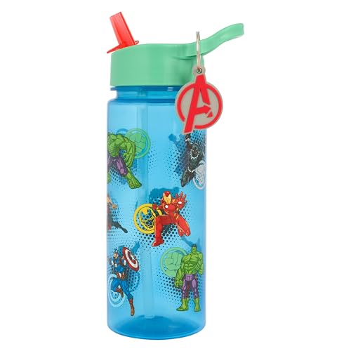 Marvel Avengers Water Bottle with Straw, Blue, 500ml, Polypropylene, with Keyring Charm Featuring Hulk, Captain America, Thor, Iron Man, Black Panther