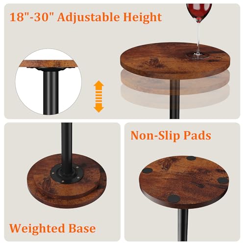 Drink Table, Small Side Table with Adjustable Height & Heavy-Duty Design, Pedestal Martini Tables for Small Spaces, Sofa Couch, Living Room, Bedroom, Supports up to 88 lbs, Rustic Brown - Thumbnail 7