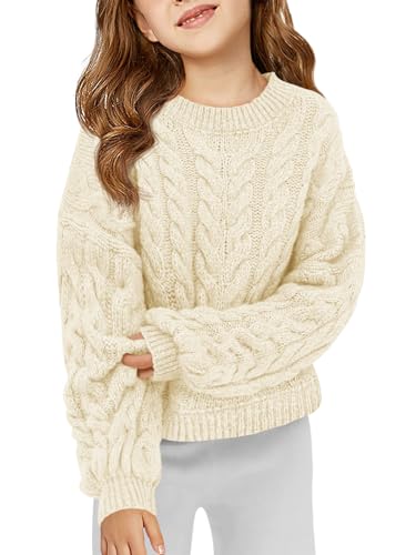Haloumoning Girls Pullover Sweaters Kids Cute Cable Knit Long Sleeve Crewneck Chunky Jumper Tops 5-14 Years