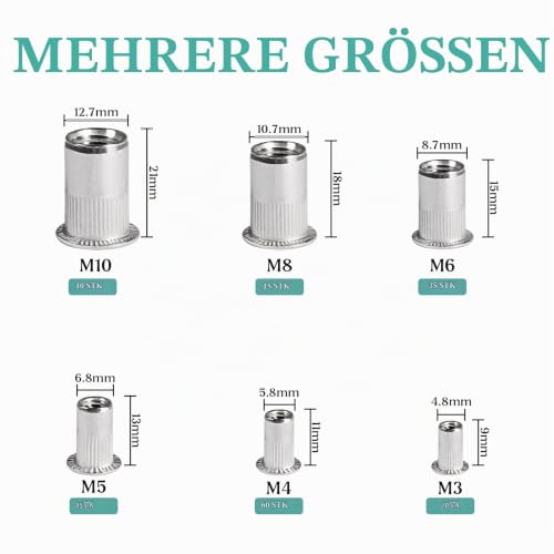 Foto von Jayzuum 235 Stück Nietmuttern Sortiment Set, M3 M4 M5 M6 M8 M10 A2-70 Edelstahl Zugnietmutter Rivet nuts Muttern mit Aufbewahrungsbox (breit) (235 Stück Nietmuttern)