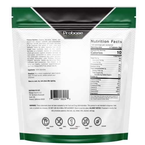 Probase Nutrition Organic Spirulina Supplement, 3000Mg Per Serving, Approx. 720 Tablets (4 Month Supply), Rich In Prebiotics & Proteins, Vegan thumb #1