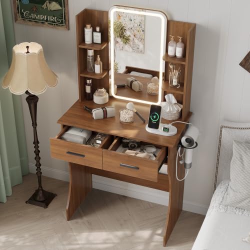 Image of HUANLEGO Small Walnut Vanity Desk with Mirror and Lights for Women Girls