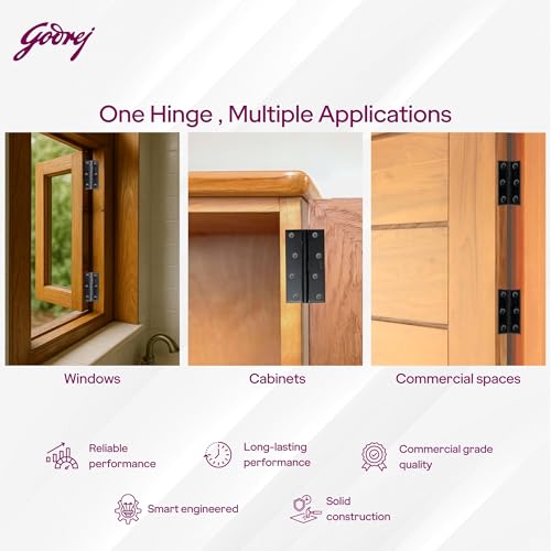Image of Godrej Door Fittings | 3 inch x 16 Gauge Plain Joint Door Butt Hinges (Pack of 1, 5 Pcs /Pack) | Matte Black Finish, Smooth Operation | 3 Holes Kabza for Home Main Door, Bedroom | 1 Yr Warranty
