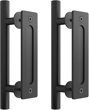 SKYSEN 2 Pack 12" Barn Door Handles, Sliding barn Door Pull Handle, No Gap Flat Plate Design- Heavy Duty- Round- Easy to Install- Matt Black 681-2