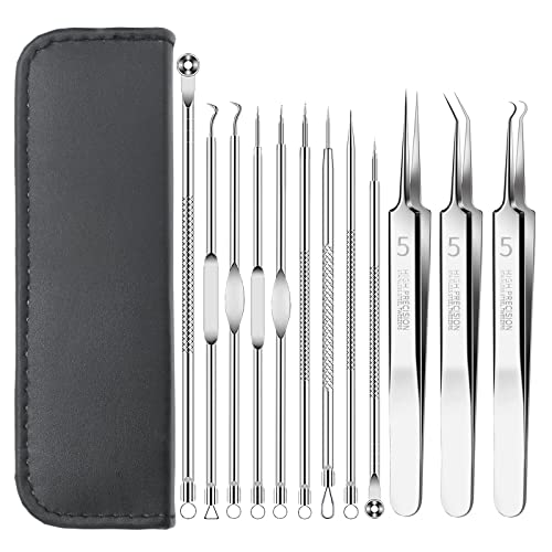12 Piezas Extractor de Puntos Negros Kit Limpiador de Poros Quita Espinillas y Puntos Negros con Caja, Acero Inoxidable Aguja Pinzas Juego para La Piel Facial y La Nariz