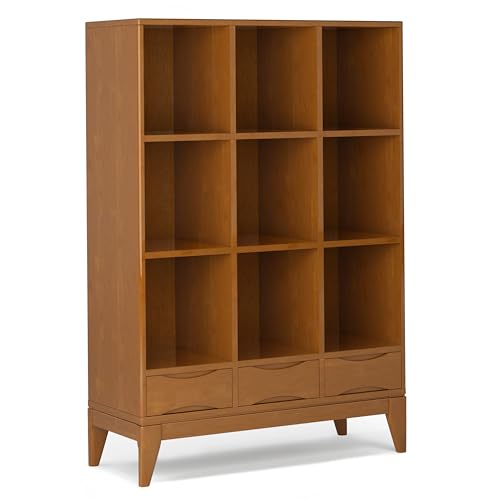 SIMPLIHOME Harper Bookcase - 58 inch Tall Solid Wood Cube Organizer with Drawers in Teak Brown, Mid-Century Modern Storage for Living Room, Study Room or Office with Tapered Legs and Open Cubbies