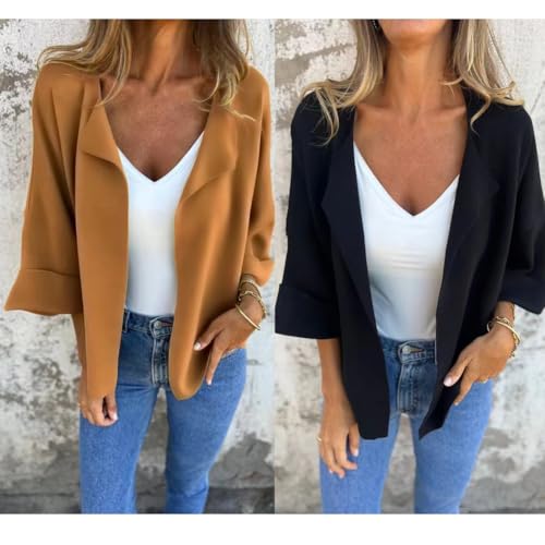 Casual Faux Suede Cardigan,Women's Casual Lapel Faux Suede Cropped Jacket,Lapel Cropped Jacket 3/4 Sleeve Open Front Coats3