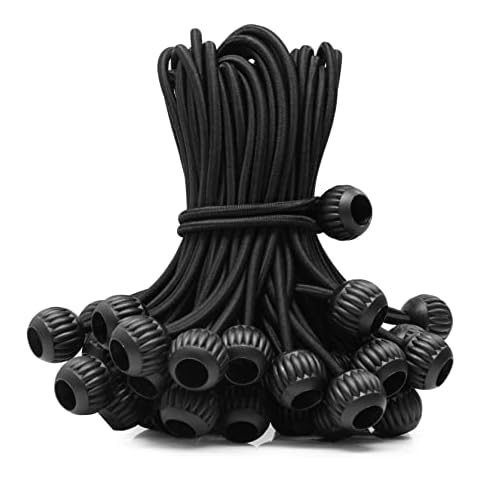 Joneaz Bungee Cords with Balls 6 inch Black Heavy Duty, UV Resistant, 50-Piece, High Elastic Natural Rubber Tarp Tie Down Cord Cover