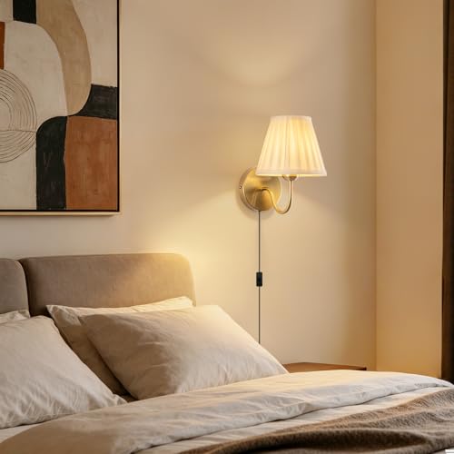 Image of Plug in Wall Sconces Set of Two, Fabric Shade Wall Light with On /Off Switch, Plug in Wall Mount Lamps Wall Decor Set of 2, Gold Sconces Wall Lighting Fixture for Bedroom Bedside Living Room Porch