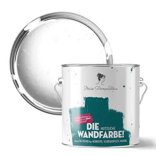 MissPompadour abwaschbare Wandfarbe Weiß mit Weiß 2,5L - hohe Deckkraft & Ergiebigkeit - matte, scheuerbeständige Innenfarbe - geruchsarm, wasserbasiert, atmungsaktiv - Die Nützliche