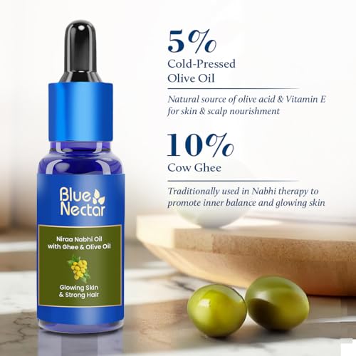 Image of Blue Nectar Nabhi Oil with Ghee & Olive Oil | Ayurvedic Nabhya Dhara Belly Button Oil for Glowing Skin & Strong Hair | Deep Hydration & Nourishment (22 Herbs, 10ml)