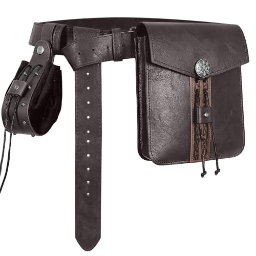 Image of Black Renaissance Pirate Belt with Pouch & Coin Purse Set | Medieval Viking Pirate Belt Pouch for Halloween Cosplay Ren Faire Accessories,Coffee brown.